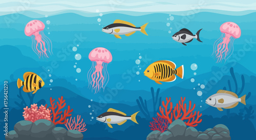 Underwater scene with pink jellyfish coral and various colorful fish swimming in a blue ocean setting