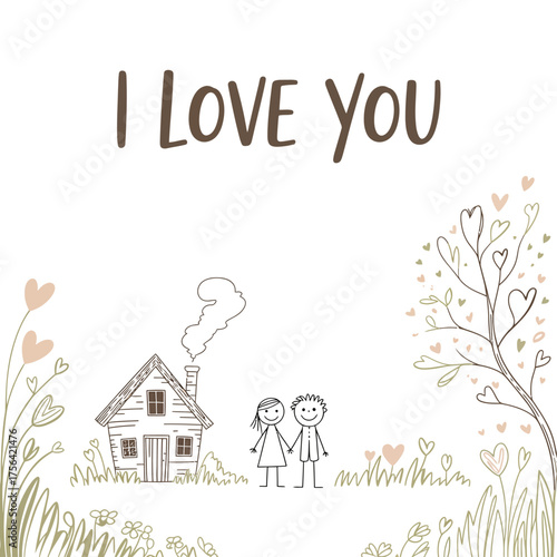 Expressing Love: A heartwarming illustration features the phrase I Love You alongside a quaint house, a couple holding hands, and charming floral and tree elements.