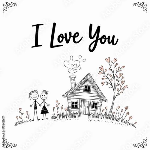 Love and Home: A heartwarming illustration of I Love You, capturing the essence of togetherness, love, and the comfort of home, featuring a couple, a cozy cottage, and blossoming flowers.