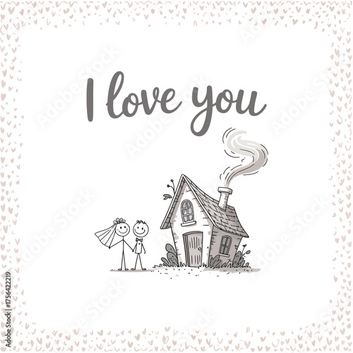 Love's Haven: A heartwarming cartoon illustration of a couple standing hand-in-hand outside a quaint home, a symbol of togetherness and affection, with the words I love you.