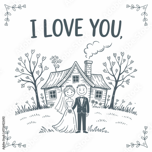 Eternal Vows: An adorable illustration of a newly wedded couple holding hands in front of their new home, surrounded by beautiful trees, while conveying the most tender words in the world.