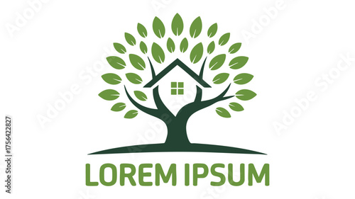 Green tree house logo symbolizing growth stability and home protection nature inspired real estate