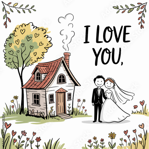 Love's Humble Abode: A charming illustration depicts a couple, hand-in-hand, standing before their quaint home, the words I Love You a testament to their love and shared life.