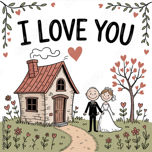 Love's Abode: Whimsical illustration of a loving couple, standing hand-in-hand outside their cozy home, surrounded by blooming hearts, embodying the sentiment of I love you