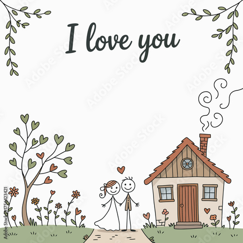 Sweethearts' Haven: A heartwarming illustration depicts a couple embracing, standing before a charming house with the words I love you above, evoking feelings of love and togetherness.