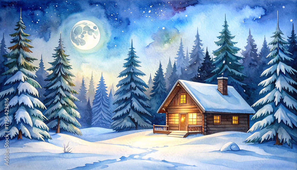 Naklejka premium Watercolor cozy wooden cabin in snowy winter forest under moonlight