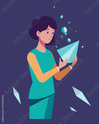 A person holding a small shard of a shattered mirror a physical representation of their shattered confidence.. Vector illustration