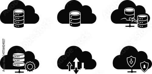 Cloud computing icons, data storage illustration, database security artwork, digital technology sketch, cloud service concept, black and white design, network infrastructure