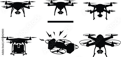 Drone silhouette set, quadcopter icons, UAV design, aerial technology, flying device, drone illustration, remote control, camera drone, aviation, modern gadget