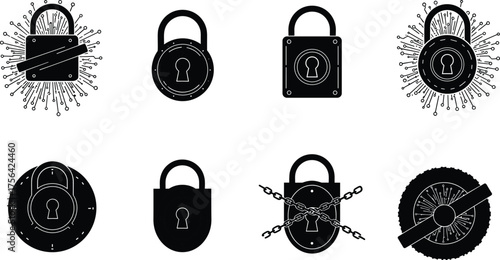 Cybersecurity padlock icons, data protection illustration, digital security artwork, encryption concept sketch, online privacy design, black and white locks, secure access system