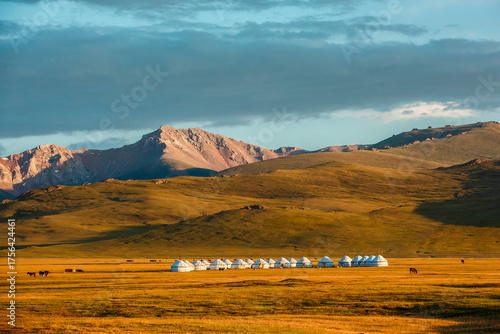 Nomadic yurt camp in the mountain valley of Son-Kul Lake, Kyrgyzstan. Traditional lifestyle and travel destination in Central Asia
