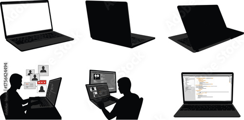 Laptop illustration set, computer icons, online communication, coding interface, digital learning, remote work, technology usage, collaboration, programming, education, modern device