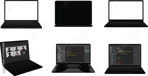 Laptop illustration set, computer icons, video conference, coding interface, online communication, remote work, digital learning, technology usage, collaboration, programming, modern workspace