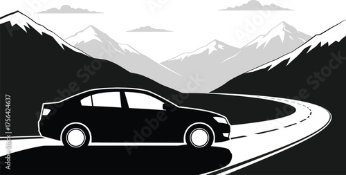 A sedan gracefully cruises along a winding mountain road, embodying a serene journey through nature isolated on white background the ride is smooth