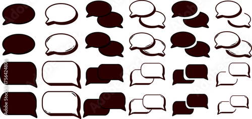 A collection of various speech bubble and chat icon designs, including single and double bubbles in solid black and outlined styles on a white background.