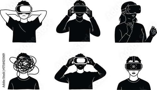 Virtual reality headset illustration, VR user emotions, immersive technology sketch, digital concept art, futuristic gaming drawing, black and white artwork, human interaction experience