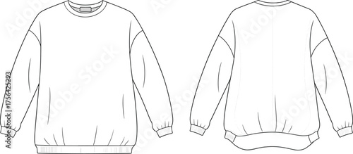 Technical flat sketch vector illustration of a basic long-sleeve button-down shirt with collar and cuff details, front and back view for apparel design, formal wear, and clothing templates.