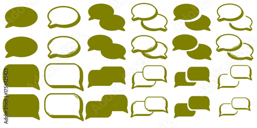 A collection of olive green speech bubbles and chat icons in various shapes and styles, presented on a white background.