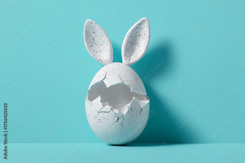 Obraz premium Cracked Easter egg bunny hatching against teal background
