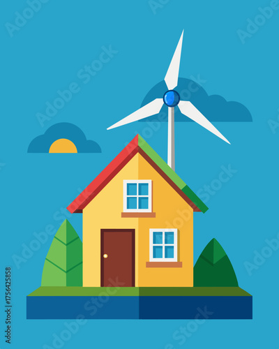 A small wind turbine silently spun on the side of the house providing clean energy and reducing the carbon footprint.. Vector illustration