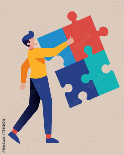 A person trying to fit two mismatched puzzle pieces together reflecting the difficulty of reconciling contradictory thoughts.. Vector illustration