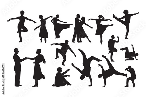Black silhouettes of dancing people and dancers in vector illustration for fitness and sport