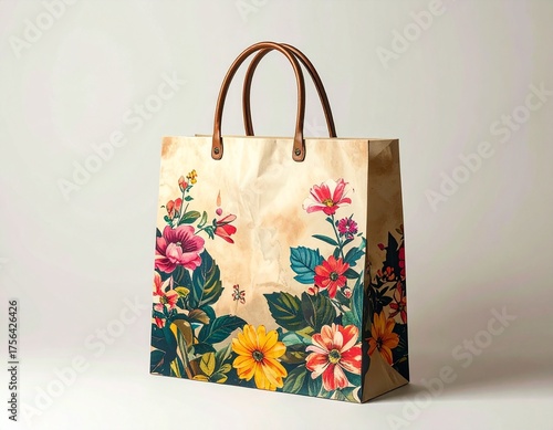 Elegant paper shopping bag adorned with vibrant, colorful floral illustrations against a soft background.