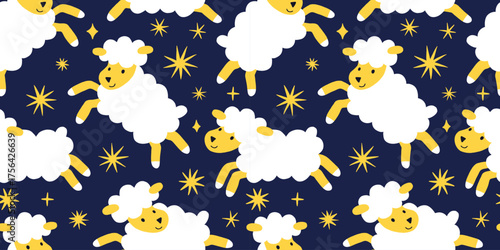 Good night seamless pattern with cute jumping lambs and stars. Simple friendly smiling sheeps. Hand drawn illustration for print, textile, fabric, background.