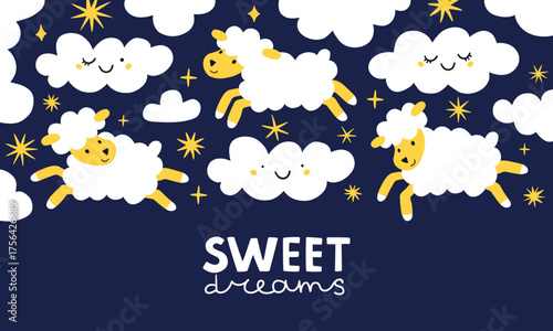 Cute cartoon decorative sheeps, clouds and stars, sweet dreams lettering. Trendy night sky illustration, dark blue background. Characters for children bedroom print, postcard, banner