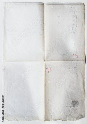 A piece of old, creased, and folded white paper with faint handwriting and stains. Blank texture background with four distinct copy spaces for design.