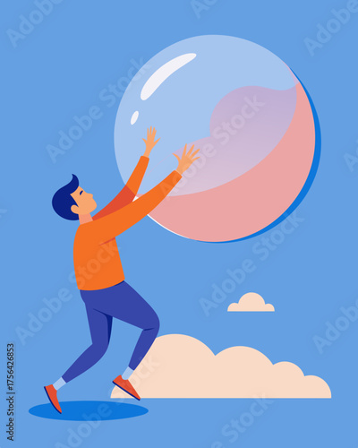 A person reaching out to touch a giant bubble only to have their hand stop midair.. Vector illustration