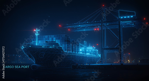 Blue wireframe cargo ship and cranes at night container ship