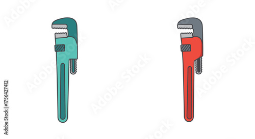 Two adjustable wrenches in teal and red isolated on white background