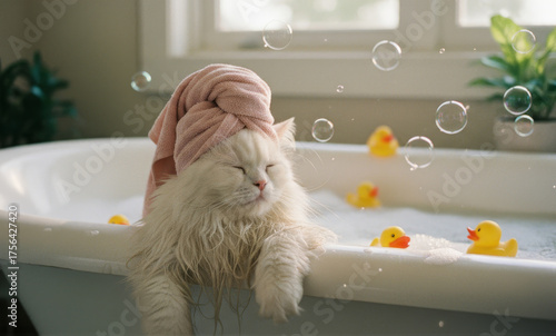 White Cat and Yellow Rubber Ducks in Bathtub