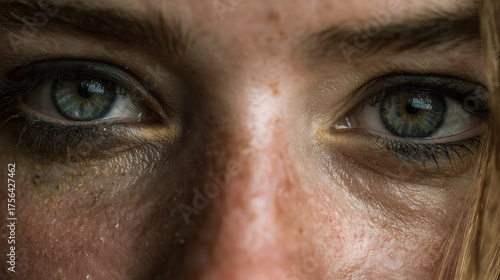 Woman's emotional eyes with smudged makeup and glitter, reflecting vulnerability, sorrow, and intense feeling