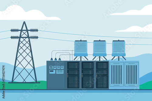 Modern electrical substation with power lines and transformers in a serene landscape
