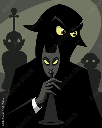 A sly grin spreads across the face of a shadowy figure as they whisper twisted orders into the ear of their pawn manipulating them to do their bidding.. Vector illustration