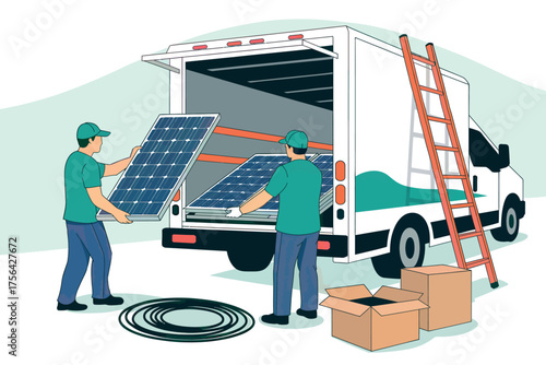 Solar panel installation team unloading equipment from a truck for renewable energy project