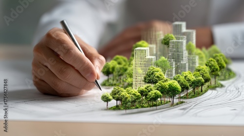 Fototapeta Naklejka Na Ścianę i Meble -  Businessperson Designing Urban Forest City with 3D Model and Blueprint