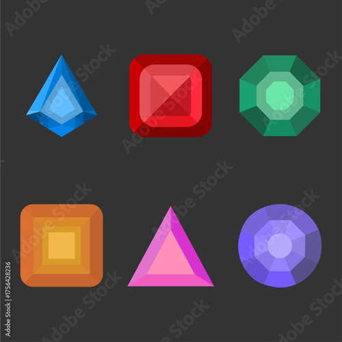 Set of expensive luxury colored gemstones on a black background. Flat vector illustration.