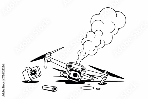 Drone crash wreckage smoke damage aircraft accident failure technology malfunction disaster scene