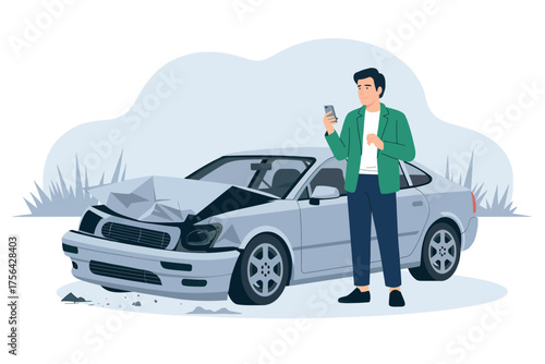 Man holding phone next to damaged car after accident winter scene transportation issues