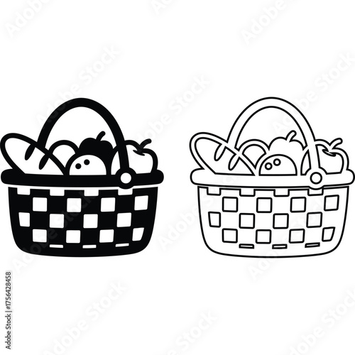 Black and white line art illustration of two picnic baskets filled with food items side by side design silhouette