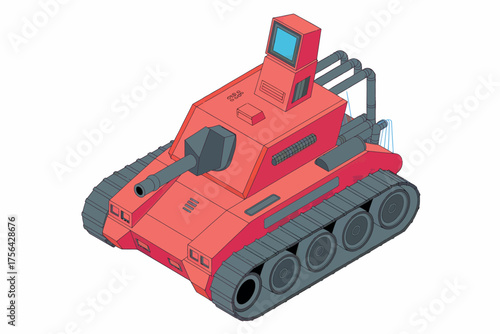 Bright red toy tank with camera turret detailed isometric view recreation vehicle