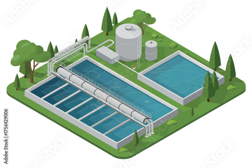 Modern sustainable water treatment plant with solar panels and greenery isometric view