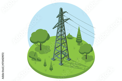 Power transmission tower stands tall amidst lush green landscape with trees and a pale blue sky overhead