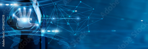 Businessman hand hold text automation, robotic process execution, AI-driven workflows, smart manufacturing, task optimization, reduced errors, efficiency in digital transformation.