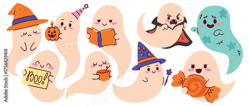 Set of nine diverse ghost characters on a white background. Features ghosts in vampire, wizard, and zombie costumes, plus others reading, holding a pumpkin, or drinking. Ideal for Halloween crafts.