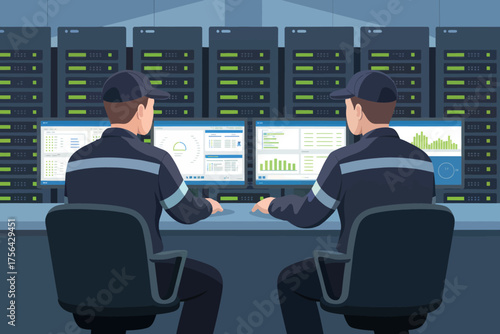 Two security personnel monitor multiple servers in a command center technology surveillance