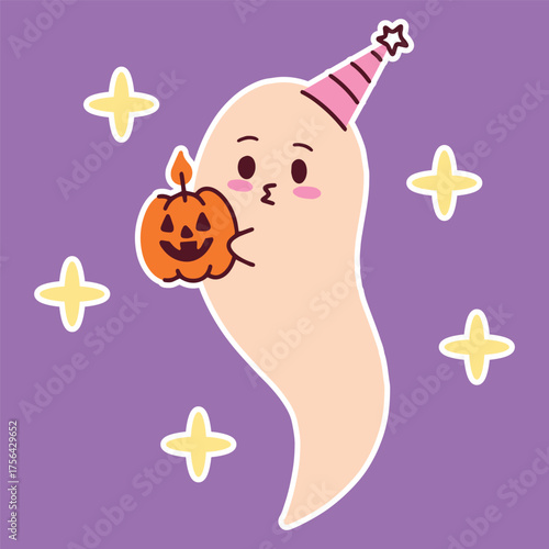 A cheerful ghost in a pink party hat blows out a candle on a pumpkin on a purple background with stars.